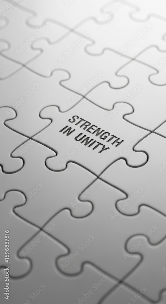Fototapeta premium Close up of a white jigsaw puzzle piece with text Strength in Unity teamwork