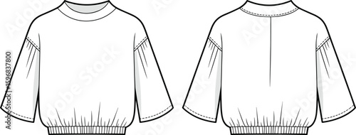 Loose fit pullover sweater sketch, front and back view, comfortable casual wear design, fashion illustration for garment pattern makers