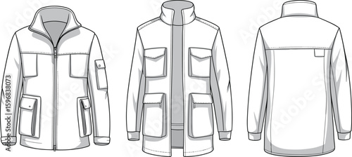 Outdoor jacket technical sketch, front and back view, zippered pockets, high collar, stylish design, functional fashion, clothing template, illustration