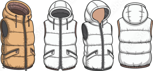 Puffer vest fashion design template, front and back views, hooded winter outerwear, sleeveless jacket illustration, clothing sketch, apparel mockup
