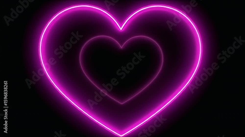 Glowing neon hearts form a tunnel on a black background