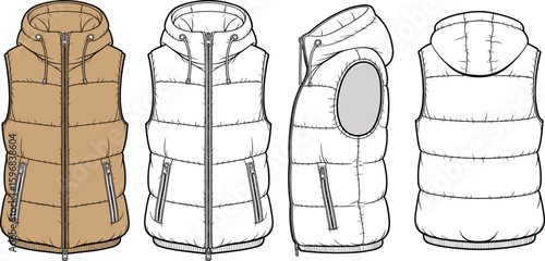 Stylish hooded puffer vest design, front side back views, winter fashion, apparel illustration, outerwear template, sleeveless jacket with zipper