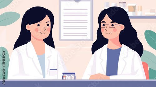 Two women in white medical coats are sitting at a table with small pill bottles in front of them, surrounded by plants. Concept: laboratory teamwork, research collaboration
