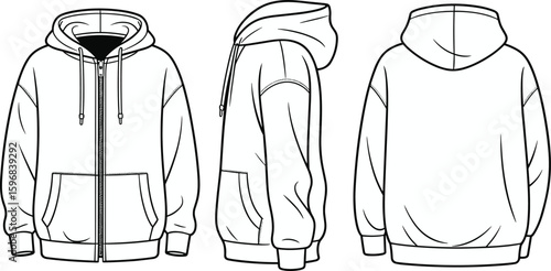 Technical sketch of cropped hoodie, front, side, and back view, fashion illustration template, casual outerwear design with drawstring detail