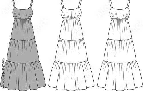 Tiered maxi dresses technical sketch, front and back view, summer fashion design template, elegant flowing layers, casual or formal wear