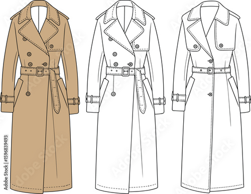 Trench coat fashion sketch, beige and monochrome designs, double-breasted front, belted waist, outerwear illustration template for stylish garments