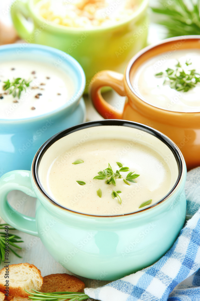 Three colorful mugs filled with creamy soups garnished with herbs are arranged on a table with a checkered cloth. Warm, comforting, homemade meal Three colorful mugs filled with creamy soups garnished with herbs are arranged on a table with a checkered cloth. Warm, comforting, homemade meal