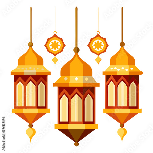 Three ornate islamic lanterns and decorative stars hanging isolated on white background silhouette