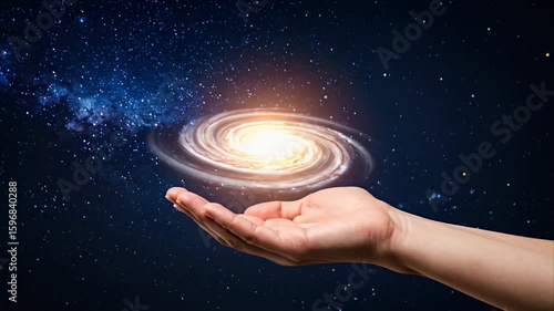 Hand holding a glowing spiral galaxy against starry space
