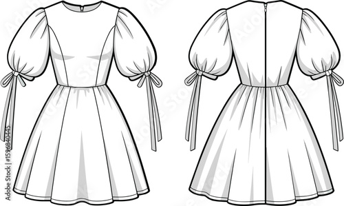 White puff sleeve dress fashion sketch, elegant front and back views, detailed illustration, stylish garment design, apparel template, bridal outfit