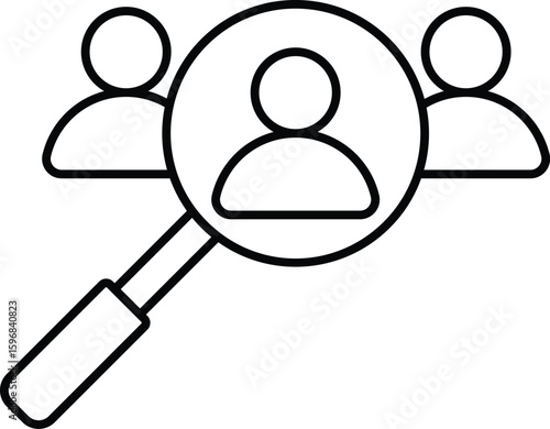 Magnifying glass over user icon representing recruitment or candidate search. HR management symbol in black and outline style, ideal for hiring, CV review, or user targeting concepts.