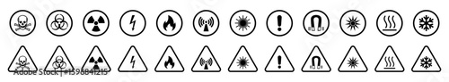 Industrial safety icons set with warning symbols in triangle and circle shapes. Includes biohazard, radiation, laser, magnet, fire, electric shock, and temperature hazard signs.