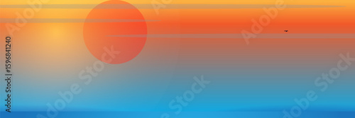 Sunset in ocean, pink clouds in sky with shining sun above sea with rocks sticking up of water and city lights on opposite shore, nature landscape background, evening view. Cartoon vector