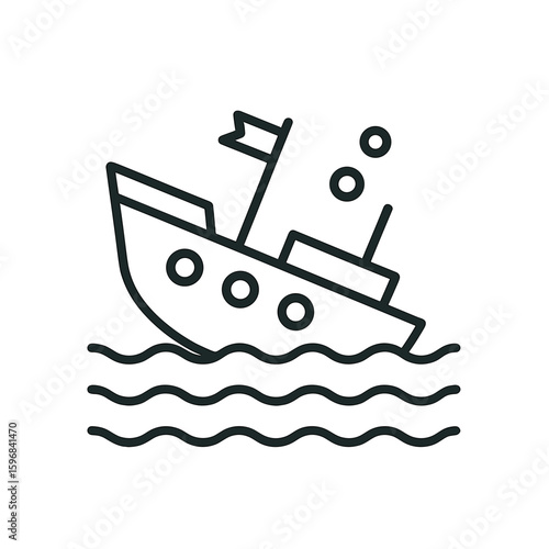 Sinking ship illustration with waves in minimalistic design  