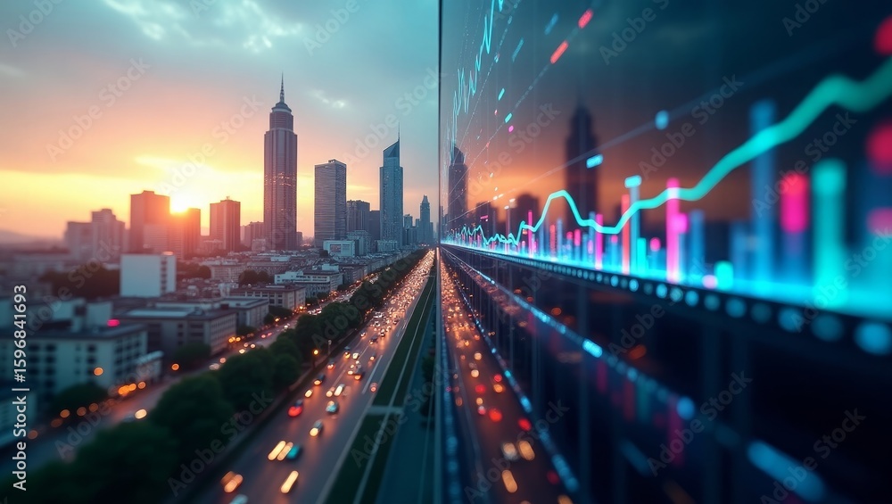 Fototapeta premium Futuristic Smart City with Data Analytics and HUD Interface – Night Urban Tech Concept