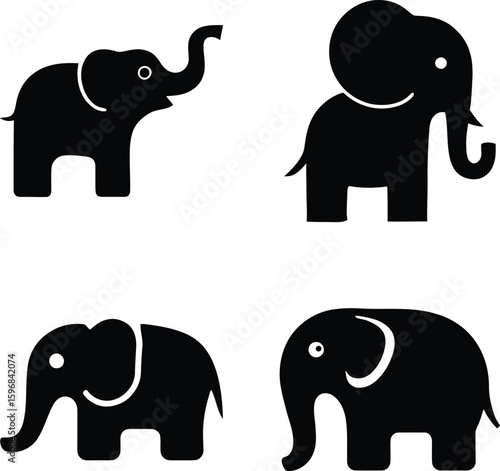 Four cute baby elephant silhouettes in different poses
