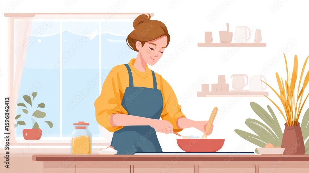 Young caucasian female cooking in modern kitchen with natural light Young caucasian female cooking in modern kitchen with natural light
