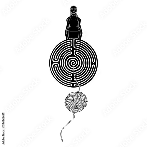 Seated woman with a round spiral maze or labyrinth symbol and a yarn ball. Ariadne thread. Ancient Greek goddess. Creative mythological concept. Black and white silhouette.