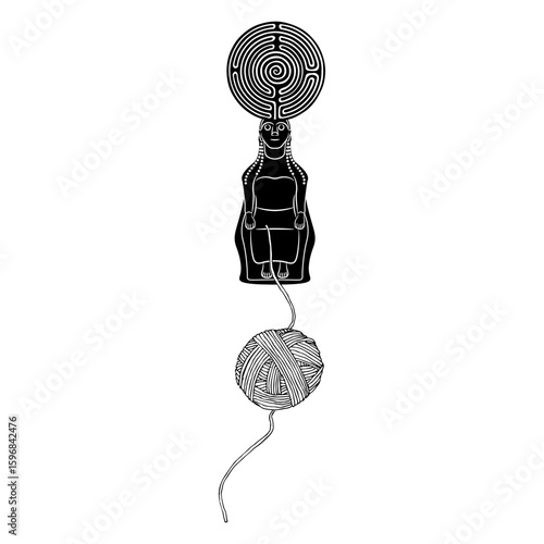 Seated woman with a round spiral maze or labyrinth symbol and a yarn ball. Ariadne thread. Ancient Greek goddess. Creative mythological concept. Black and white silhouette.