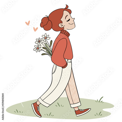 Charming cartoon girl walking with flowers behind her back and a content smile in a sunny setting with copy space