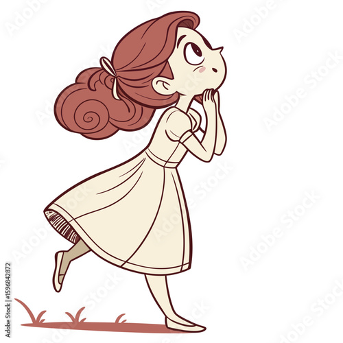 Charming cartoon girl with hopeful expression skipping barefoot in a dress with copy space