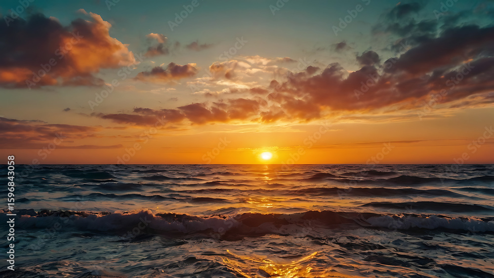 Naklejka premium Sunset over the ocean, sea, sky, sun, ocean, water, sunrise, beach, cloud, nature, clouds, landscape, orange, horizon, dawn, wave, evening, 8K image