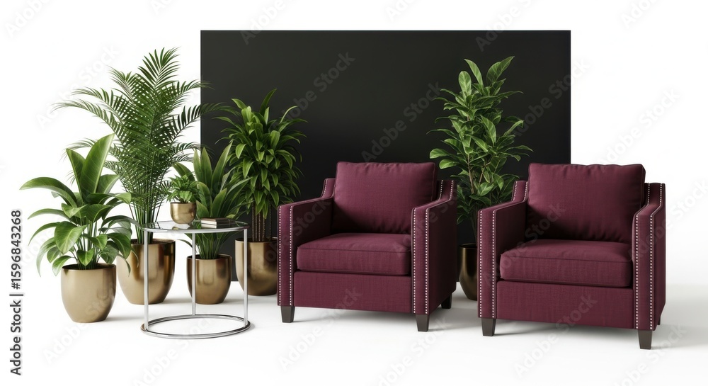 Fototapeta premium Two plush burgundy armchairs with potted plants isolated on white background