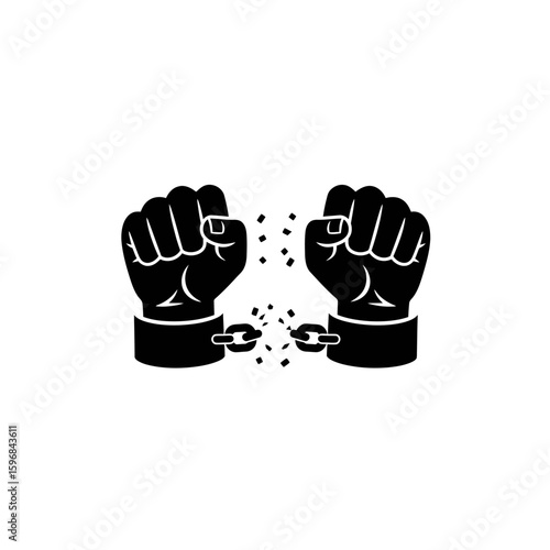 Two clenched fists breaking free from chains symbolizing liberation and overcoming oppression in monochrome art