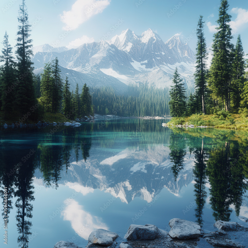 Naklejka premium Mountain Lake Reflection, Alpine Scenery, Serene Forest Lake, Wilderness Landscape, Beautiful Nature Scene