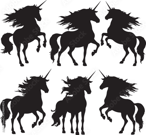 Six black unicorns prancing and rearing horse silhouette