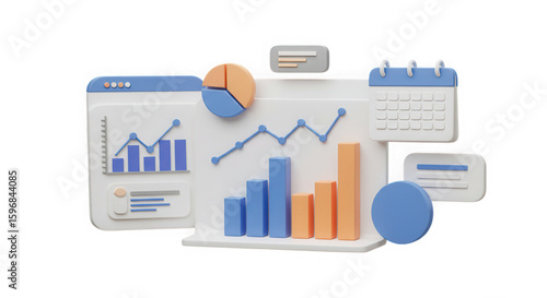 3d business analytics dashboard with charts and calendar isolated on transparent background