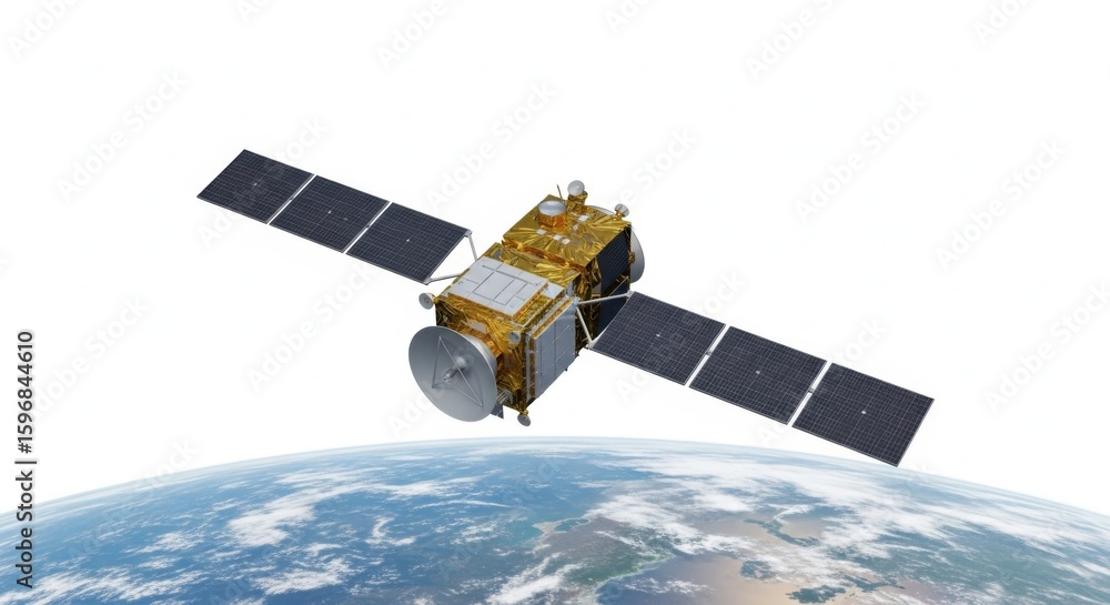 Fototapeta premium Modern satellite orbiting earth isolated on white background