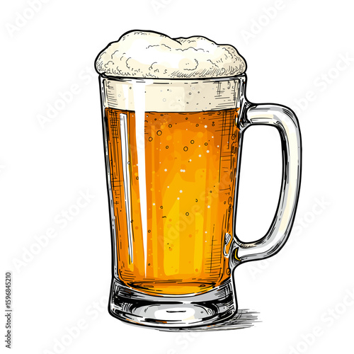 Beer mug filled with frothy beverage on white background  