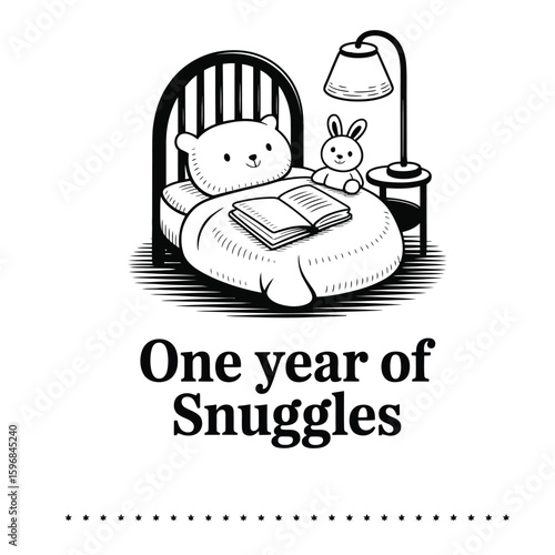 Black and white vector bundle of bedtime story items including storybook, plush rabbit, night lamp, baby pillow, and blanket