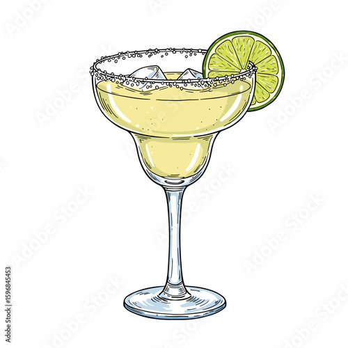 Margarita cocktail with lime slice and ice in glass  