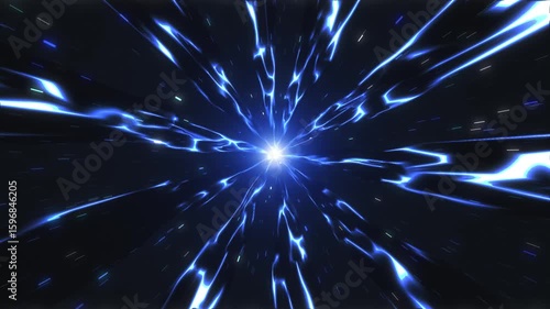 Abstract animation in blue. Curved lines and flashes of light spread out from the center. The lines glow and gradually expand towards the edges of the image.