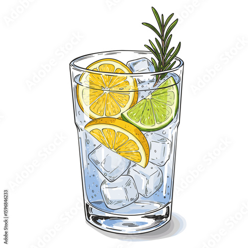 Refreshing glass of lemonade with ice and rosemary garnish  