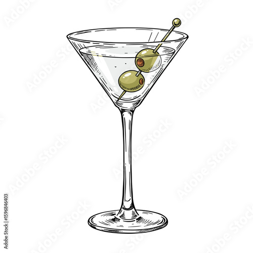 Classic martini glass with green olives on a white background  