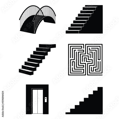 Black and white vector illustration bundle of path metaphors including bridge, steps, maze exit, elevator, and slope