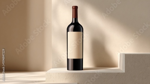 Empty wine bottle on a shelf.