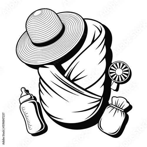 Black and white vector illustration of baby outing essentials including baby wrap, sunhat, fan, bottle, and wipes pouch