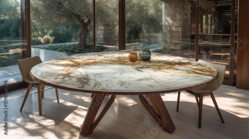 A round marble dining table with wooden legs in a sunlit interior.