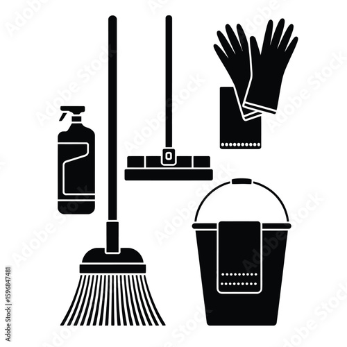Black and white vector illustration of daily cleaning kit with broom mop bucket cloth and gloves