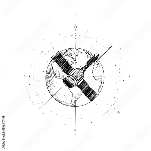 An arrow pierces through a monochrome earth globe surrounded by cosmic dust and orbital lines art