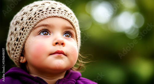 Adorable baby girl in a knitted hat looks upwards hopefully.