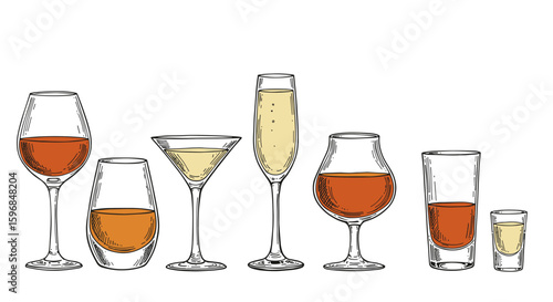 Different types of drink glasses with various beverages in a row  