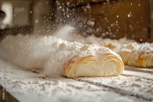 A close-up of a croissant being baked in a traditional French bakery, with flour dust in the air