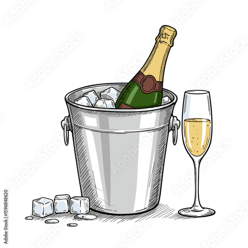 Champagne bottle in ice bucket with glass on white background  