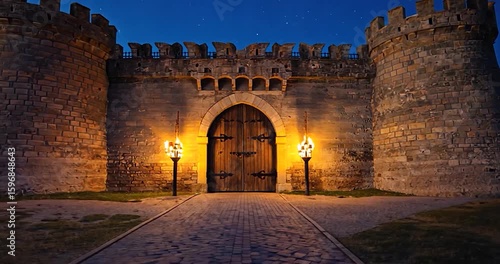 Old stone castle entrance at twilight
