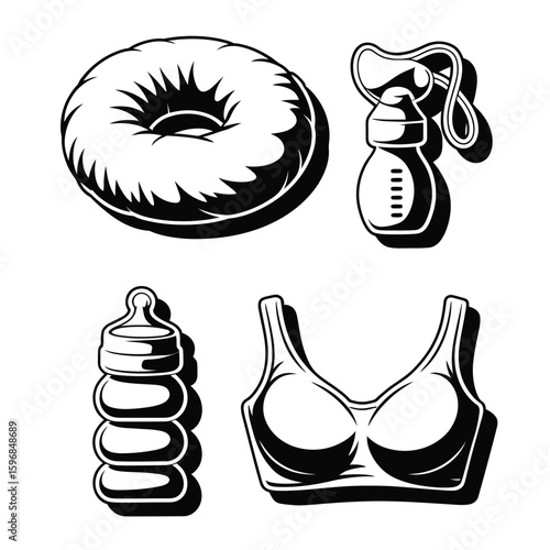 Black and white vector illustration set of essential breastfeeding items including nursing pillow, breast pump, milk storage bags, and nursing bra
